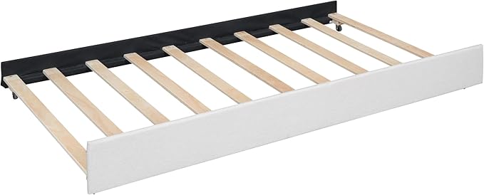 Full Size Bed Frame with Twin Size Trundle and 2 Storage Drawers,Linen Upholstered Platform Bed Frame Full with Brick Pattern Headboard,Solid Wood Slat Support,No Box Spring Needed,Beige