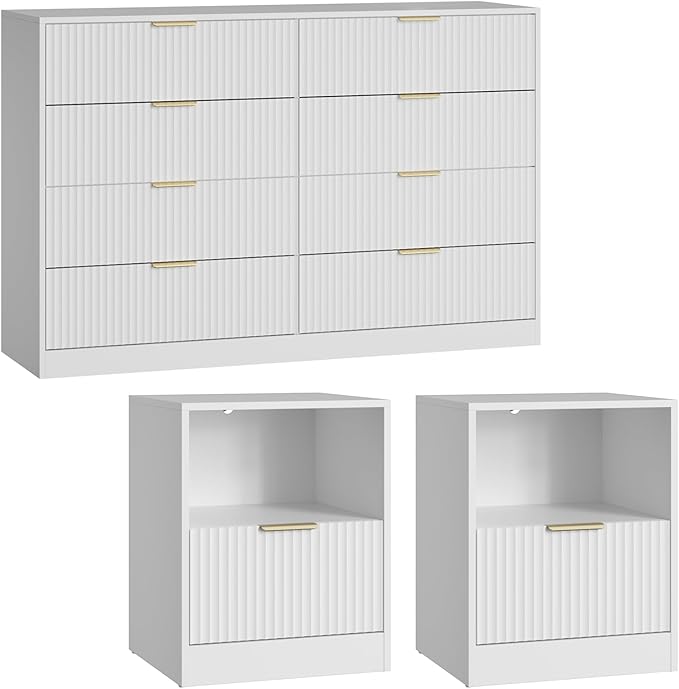 8 Drawer Dresser & Nightstand Set 3-Piece, 55” Wide Bedroom Set Night Stand Set of 2 with Metal Handle, Fluted Modern Wood Chest of Drawers Storage Dressers Set for Bedroom, White
