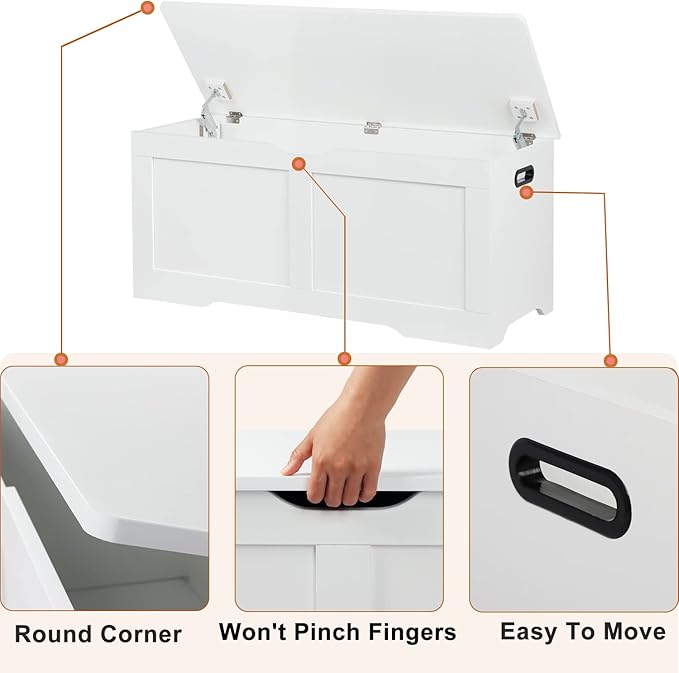 Timberer 39.4" Storage Chest, Wooden Storage Bench, Lift Top Toy Chest with 2 Safety Hinges, Large Toy Box, Entryway Bench for Living Room, Bedroom, White