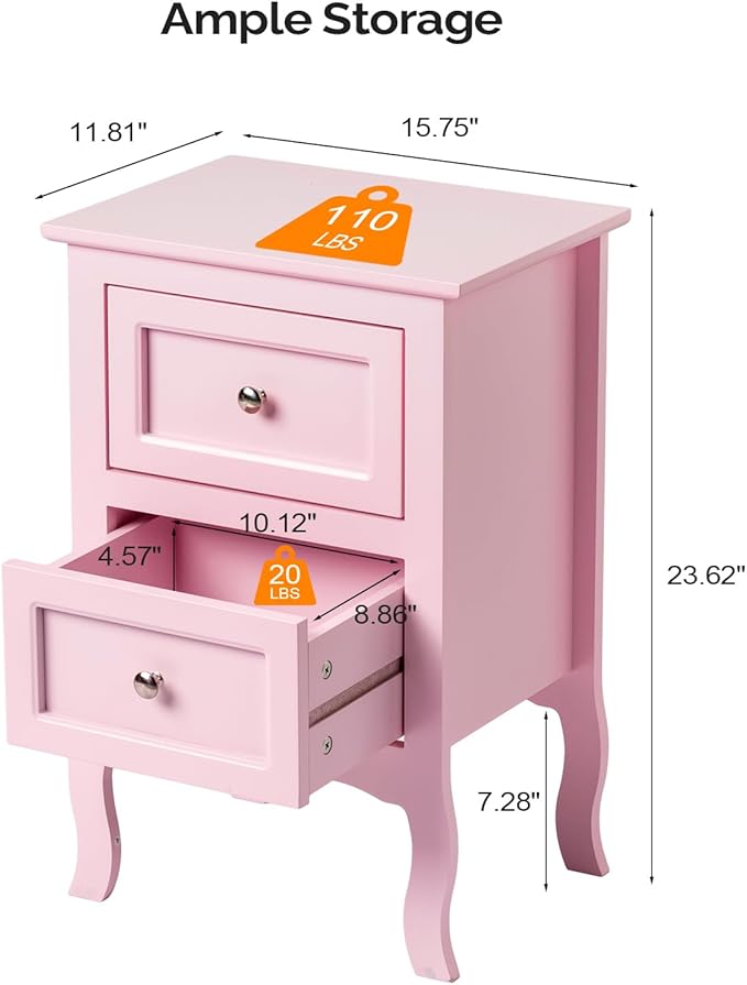 Bonnlo Nightstand Set of 2, Nightstands with 2 Drawers, Bed Side Table/Night Stand, Pink Nightstand, Small Nightstand for Bedroom, College Dorm, Kids’ Room, Living Room, Wood, 16W x 12D x 24H