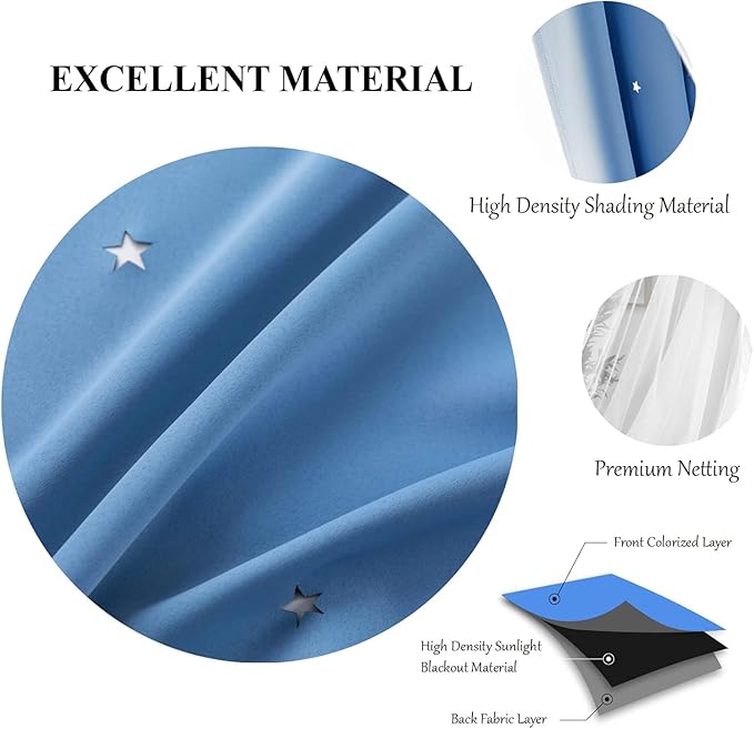 Star Curtains, Blue Blackout Curtains, 52"W x 63"L, 2 Panels, Bedroom & Living Room