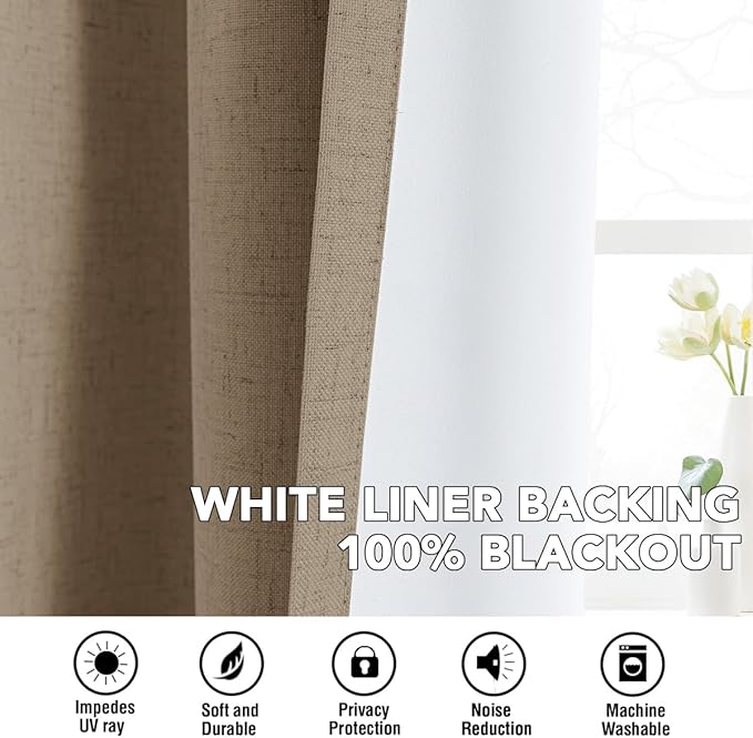 H.VERSAILTEX Linen Curtains 100% Blackout Curtains for Bedroom 96 inch Long Full Light Blocking Nature Linen Blended Window Curtains for Living Room Nickel Grommet (2 Panels, Heathered Macchiato)