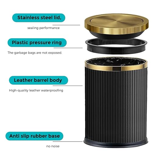 4 Gallon Bathroom Trash Can with Lid, Black Leather Garbage Can, Modern, Bedroom Wastebaskets, for Kitchen Powder Room Hotel Office (15L Black)
