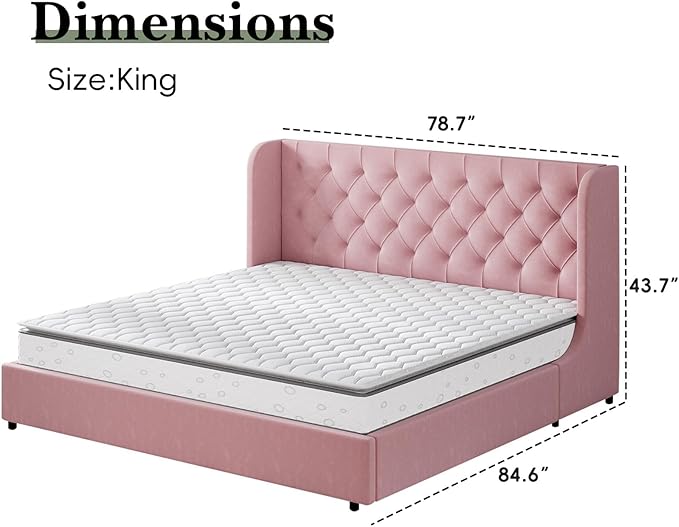 HOMBCK Pink King Size Bed Frame, Upholstered Platform Bed Frame with Velvet Tufted Headboard, Curved Wingback Design, Wooden Slats, No Box Spring, Noise Free, Easy Assembly