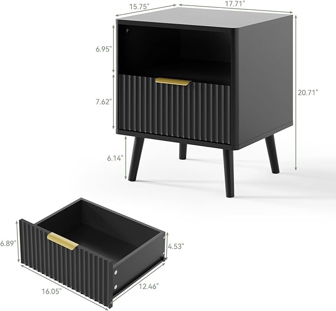 LYNSOM Fluted Dresser and Nightstand Sets 3 Piece, 9-Drawers Dresser and 1-Drawer Nightstands Set of 2, Wood Bedroom Furniture Set for Home, Bedroom, Hallway, Black