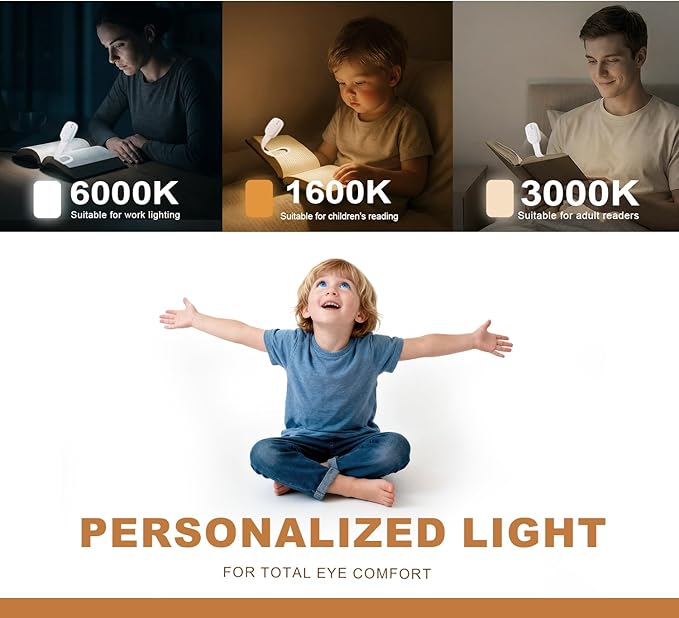 Rechargeable Book Light for Kids at Night – Portable Clip-On LED Light with Dimmable Brightness Ideal for Kids & Adults, Bedtime & Travel–Eye-Caring, Flexible, Gift for Book Lovers,White