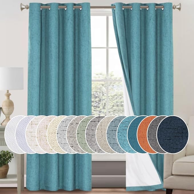 PrinceDeco 100% Blackout Linen Curtains for Bedroom Faux Linen Fabric Extra Long Curtain 96 Inches Long Room Darkening Sun Blocking Curtains with White Liner Backing,52 X 96In, Teal
