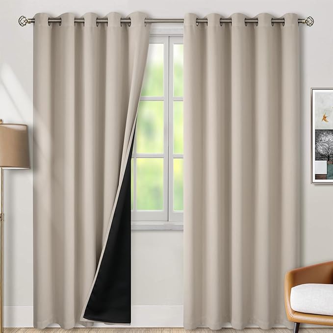 BGment Thermal Insulated 100% Blackout Curtains for Bedroom with Black Liner, Double Layer Full Room Darkening Noise Reducing Grommet Curtain (60 x 84 Inch, Cashmere, 2 Panels)