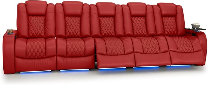 Seatcraft Diamante Zero-Gravity CoolZero Italian Leather Home Theater Seating, Power Headrest, Power Recline, Row of 5 Sofa, Red