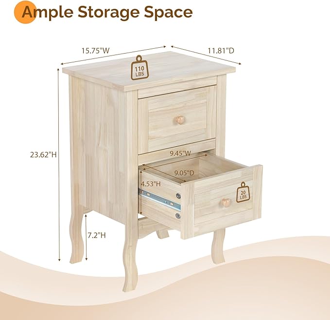 Bonnlo Nightstands Set of 2, Solid Wood Nightstand Unfinished for Color DIY, Small Night Stand for Bedroom, Natural Wood Nightstand with Drawers, Light Wood Nightstands, Real Wooden Bed Side Table