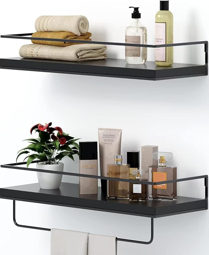 Shario Black Floating Shelves - Set of 2, Wall Mounted Hanging Shelves with Black Towel Rack, Decorative Storage Shelves for Bathroom, Kitchen, Living Room & Bedroom