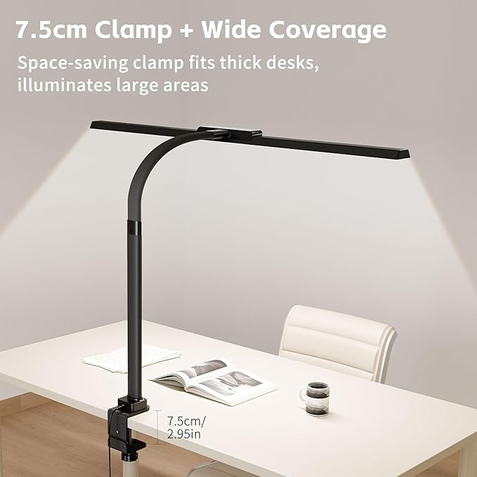 Desk Lamp with Clamp, LED Eye-Caring Clip on Desk Lights for Home Office, Tall Touch Control Dimmable Computer Light with Color Changing, 24W Brightest Architect Desktop Lamp for Screen, Black