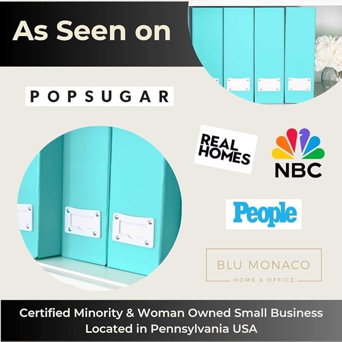 BLU MONACO Set of 6 Aqua Magazine File Holders | Foldable Magazine Storage Boxes with White Leather Label Holders | Vertical File Organizer for Desk, Shelves & Home Office