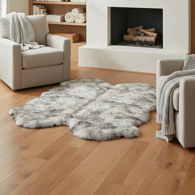 Super Area Rugs Premium Genuine Sheepskin Rug 4' x 6' Long Fur Soft & Natural Shaggy Living Room Rug, Wolf Tip Brown, Four Pelt