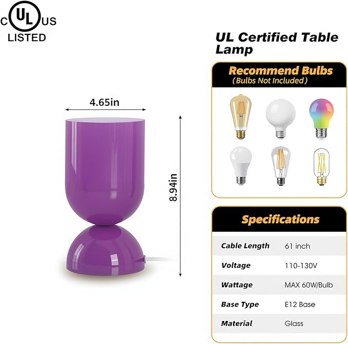 8.9" Modern Glass Table Lamp for Living Room, Dimmable Desk Lamps for Bedroom, UL Listed Nightstand Lamp with Dome Base, End Table Lamps for Home, Side Tables, College Dorm, Office, Glossy Purple