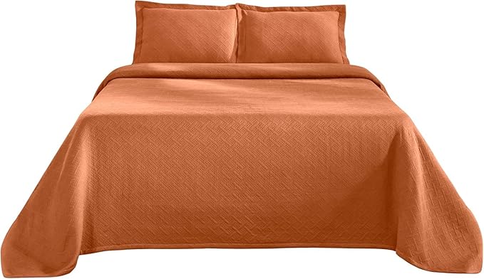 Superior 100% Cotton Basket Weave Bedspread with Shams, All-Season Premium Cotton Matelasse Jacquard Bedding, Quilted-Look Geometric Basket, Queen, Mandarin