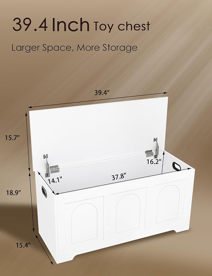 DINZI LVJ Storage Chest, 39.4” Wooden Toy Box with 2 Safety Hinges, Entryway Shoe Bench with Flip-Top, Sturdy Large Storage Trunk for Living Room, Bedroom, Playroom, Easy Assembly, White