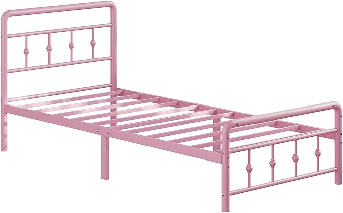 12 Inch Twin Bed Frames with Headboard and Footboard, Heavy Duty Twin Metal Mattress Foundation No Box Spring Needed, Noise Free, Easy Assembly, Pink