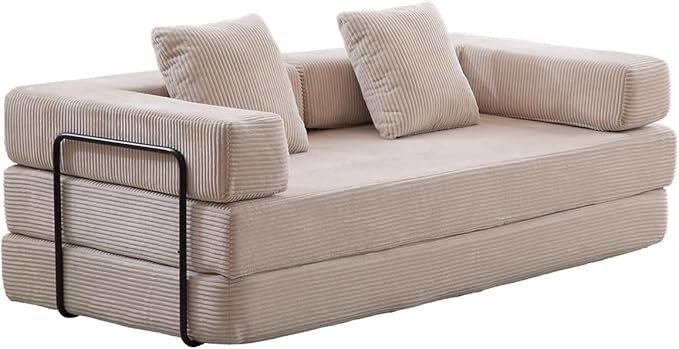 4-in-1 Convertible Folding Sleeper Sofa Bed, Fold Out Floor Sofa Couch with Fixed-Shape Frame, Cloud Corduroy Foldable Mattress Couch for Living Room Bedroom (78.5" Corduroy,Light Grey)