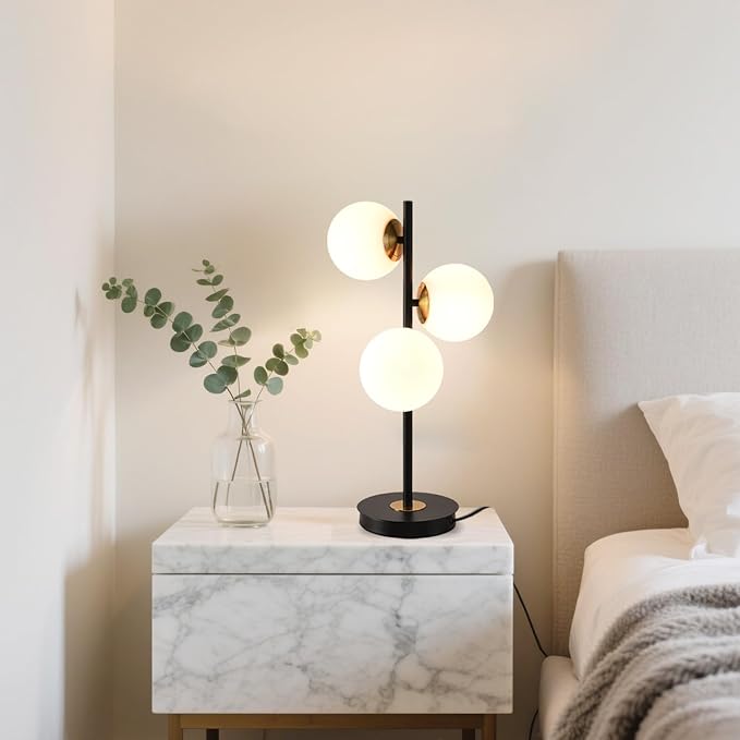 3-Light Black and Gold Table Lamp, Milk White Glass Globe Table Lamp for Nightstand, Mid Century Modern Bedside Lamps for Bedroom Living Room Office, G9 Base (Bulbs Not Included)