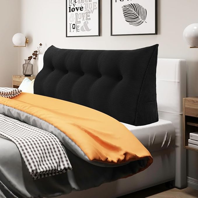 WOWMAX 100% Cotton Corduroy Headboard Pillow – Queen Size Back Support Reading Wedge for Bed & Daybed, Plush Handmade Bolster Cushion with Removable Cover, Cozy Bed Rest Pillow, Black
