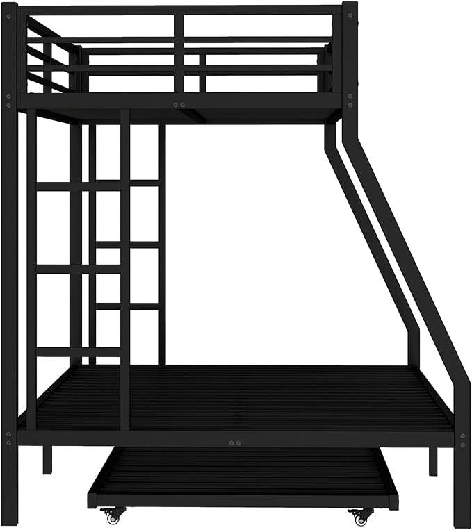 Upgraded Version Thicken Heavy Duty Metal Twin Over Full Bunk Bed with Twin Size Trundle, Modern Style Stronger Bunk Bed Frame Twin Over Full Size for Adults, Easy Assembly (Twin/Full)