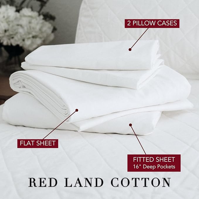 Red Land Cotton Luxury Sheet Set | 100% American Grown Cotton Basics | Premium Hotel Ultra-Soft Lightweight 4 Piece USA Made Deep Pocket Fitted, Flat Sheet, & Pillowcases Percale Weave (King/White)