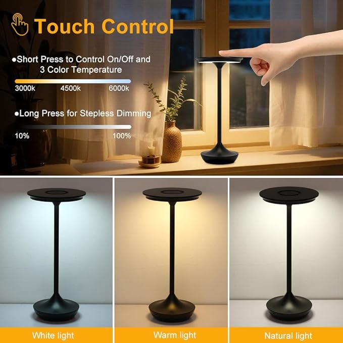 2 Pack LED Rechargeable Cordless Table Lamps,Portable Outdoor 6000 mAh Battery Operated Table Light Touch Control 3 Color Dimmable Waterproof for Patio/Cofee/Restaurant/Camping/Dining/ Bedroom-Black