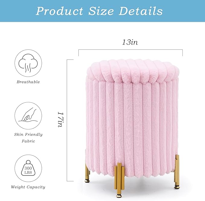 Mxfurhawa Round Ottoman Foot Stool with Storage and Metal Legs for Living Room Bedroom, Velvet Upholstered Footrest Stool Support 300lbs Modern Padded Seat Ottoman Coffee Table (Pink)