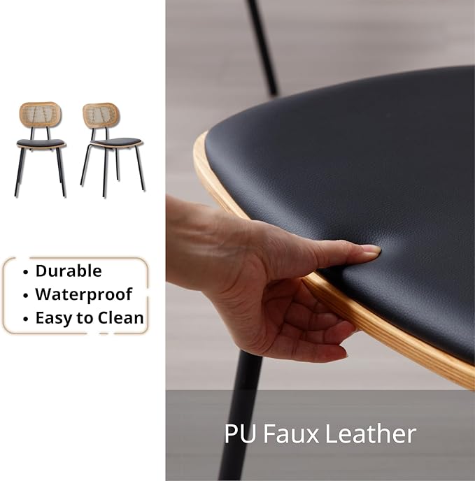 HEAH-YO Modern Dining Chairs Set of 2, Upholstered Faux Leather Rattan Dining Chairs with Backrests, Armless Dining Room Chairs for Kitchen, Black