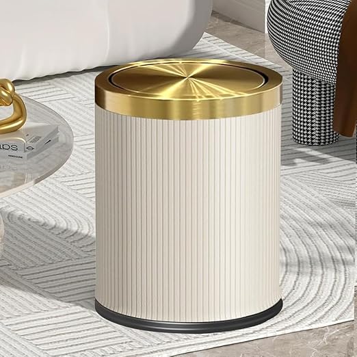 4 Gallon Bathroom Trash Can with Swing Lid, Large Gold White Garbage Can, Fancy, Big Leather Waste Basket, for Girls Bedroom Kitchen Powder Room (15L White)