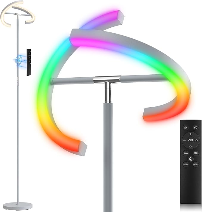 Silver Gray RGBCW Floor Lamp, Bright Color Changing RGB Standing Lamp, Modern Stepless Dimmable LED Tall Lamp with Remote Control, 20W 3000-6000K Floor Lamps for Living Room, Bedroom, Office