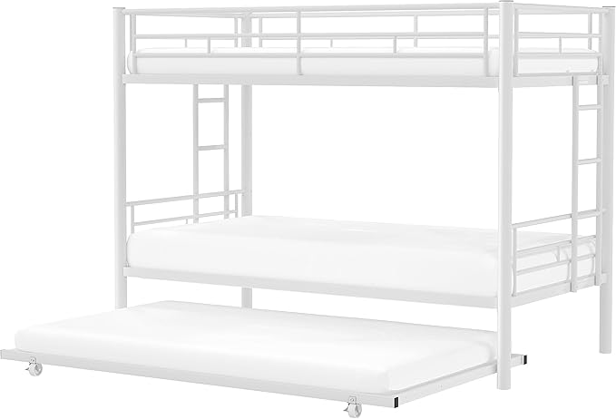 VECELO Bunk Bed Twin Over Twin with Trundle, Metal Bunkbeds with Ladder and Full-Length Guardrail, No Box Spring Needed, Space Saving, Noise Free, White