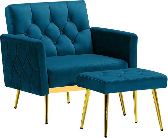 Velvet Accent Chair w/Adjustable Armrests and Backrests, Tufted Single Sofa with Ottoman, Upholstered Reading Chiar for Living Room, Apartment, Bedroom, Teal