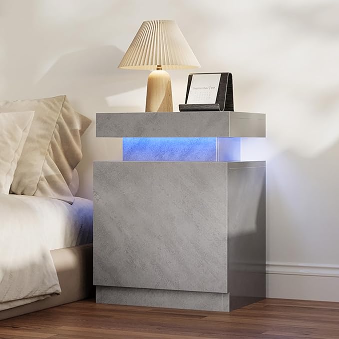 MXV Nightstand Set of 2 with LED Lights,Night Stand with Storage Cabinet for Bedroom,Bedside Table with LED (Grey, 17.7IN)