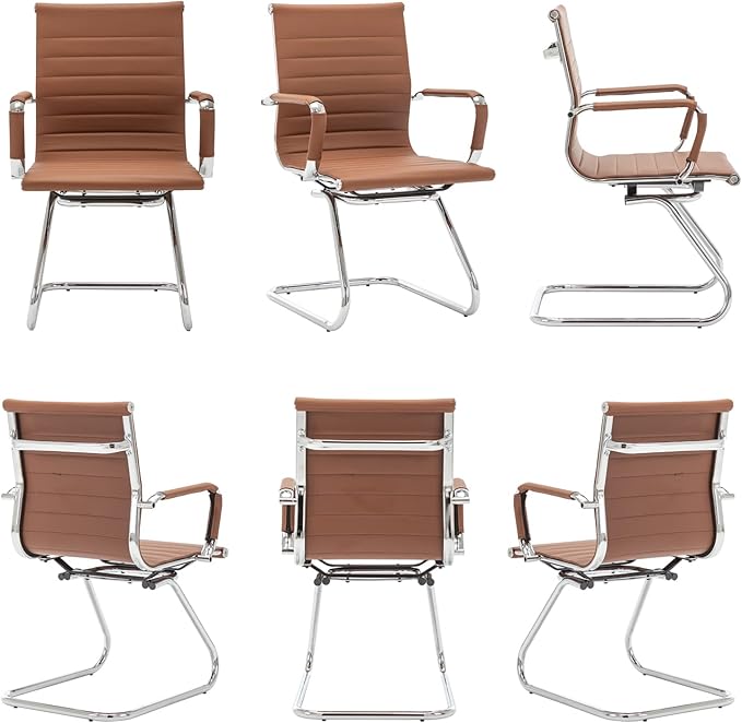 Wahson Office Guest Chairs Set of 8, Leather Reception Chairs, Mid Back Waiting Room Chair, Conference Chairs with Sled Base, Desk Chair No Wheels for Meeting/Lobby/Restroom, Coffee