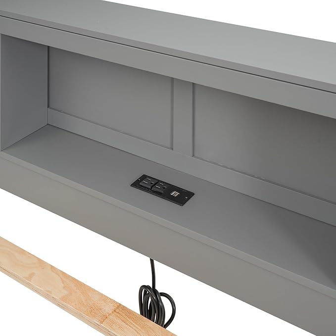 Platform Bed with Storage Headboard, USB, Twin Size Trundle and 3 Drawers, Full Size, Gray
