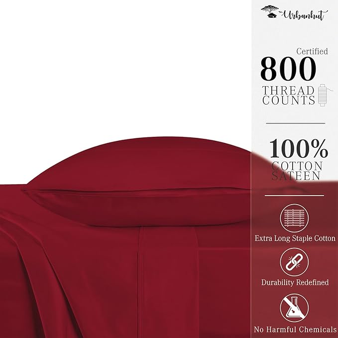 URBANHUT 800 Thread Count 100% Cotton Twin Size Sheets, Luxury 4 Piece Twin Bedsheets, Hotel Sheets Sateen Finish - Better Than Egyptian, 14" Elasticized Deep Pocket - Burgundy
