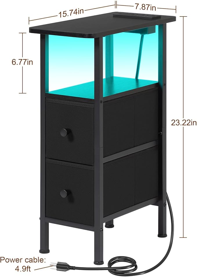 LOAKEKEL Narrow End Table Living Room with Charging Station, Skinny Side Table with Fabric Drawers, Slim LED Nightstand for Bedroom, Small Spaces, Couch, Black, HETNDP02LBK-1