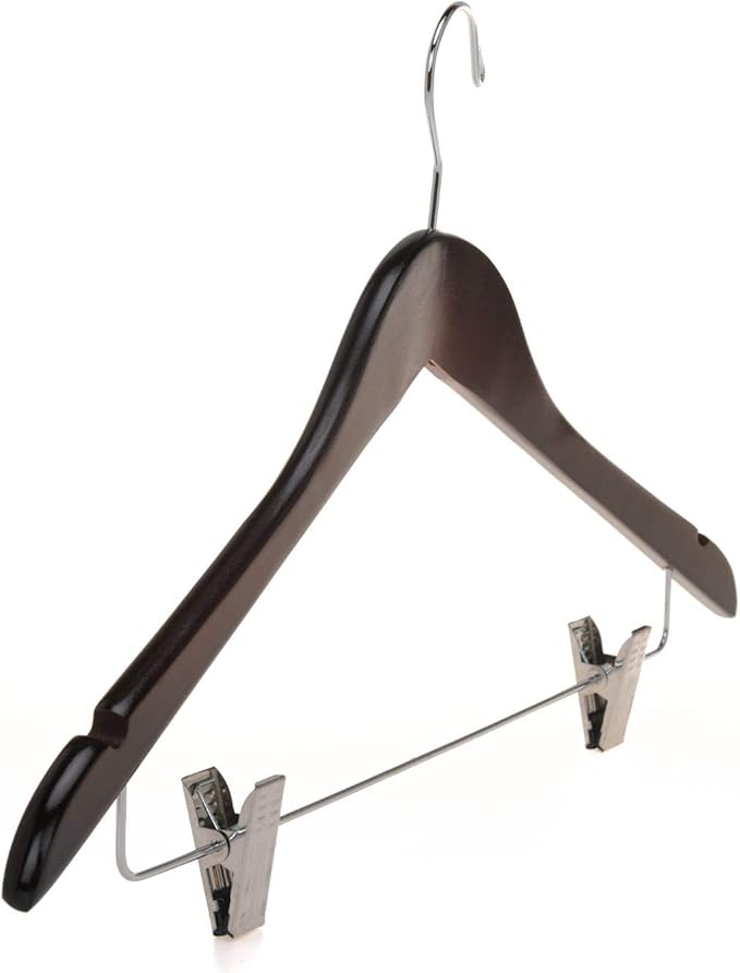 Quality Wooden Skirt Hangers with Clips Smooth Solid Wood Pants Hangers with Durable Adjustable Metal Clips, Swivel Hook, Coat, Jacket, Blouse Suit Hangers (Mahogany, 10)