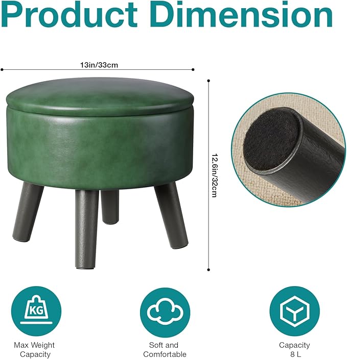FIMIVIBI Small Foot Stool Ottoman with Storage, Faux Leather Ottoman Foot Rest for Couch, Round Footstool Ottomans for Living Room (Green)