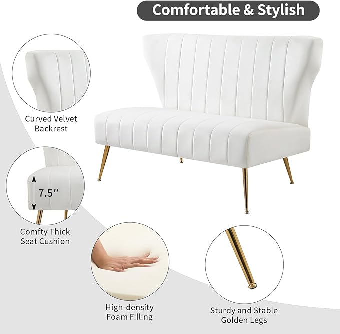 50’’ Armless Loveseat Sofa, Comfy Upholstered Velet Small Couch Sofa with Gold Legs, 2 Seater Tufted Modern Couch for Living Room, Bedroom, Apartment Small Space (White)