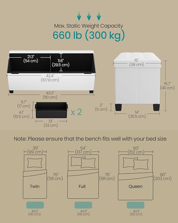 SONGMICS Storage Ottoman, Storage Bench with Legs, 15 x 43.3 x 15.7 Inches, Ottoman Bench, 30 Gal. (112 L), Synthetic Leather, for Living Room, Entryway, Cloud White ULSF0514W02