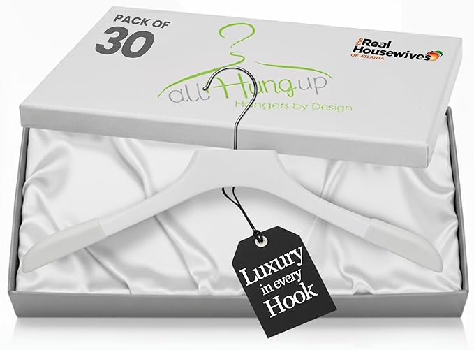 Premium Luxe Wooden Hangers for Women, Wide Shoulder Design for Dresses, Skirts, Sweaters & Blouses, Heavy Duty with Velvet Grip, White with White Velvet, 30 pcs