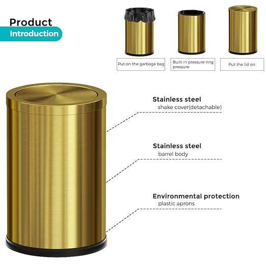 4.7 Gallon/18L Stainless Steel Bathroom Trash Can,Gold Garbage Bin with Swing Lid, Round, Elegant Waste Basket, for Toilet Bathroom Cafe Kitchen Office Hotel Home (18L-Gold)