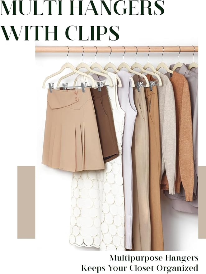 Cozymood Velvet Skirt Hangers - Pack of 48- Velvet Hanger with Clips Ultra Thin Non Slip Pants Hangers Space Saving Clothes Hanger for Trouser, Skirts, Jeans, Dress (Beige)