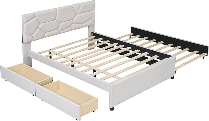 Full Size Bed Frame with Twin Size Trundle and 2 Storage Drawers,Linen Upholstered Platform Bed Frame Full with Brick Pattern Headboard,Solid Wood Slat Support,No Box Spring Needed,Beige