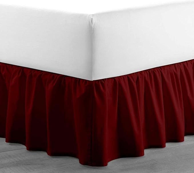 Burgundy Solid Ruffled Bed Skirt Queen-28 Inch Drop Split Corner, Microfiber Bedskirt with Platform Three Sided Coverage