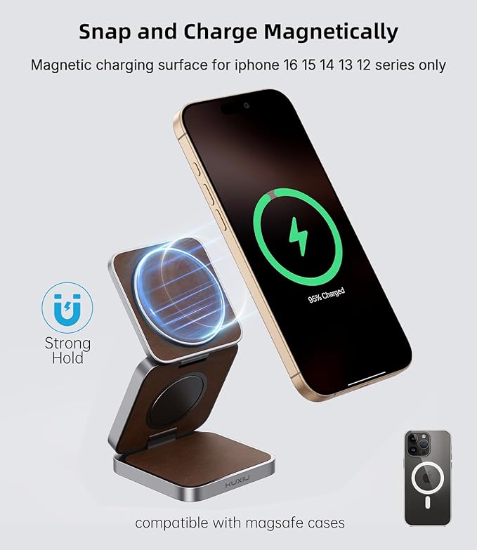 Foldable Magnetic Wireless Charger, KU XIU Aluminum Alloy 3 in 1 Charging Station for Apple, Fast Charging Travel Charger for iPhone 17 16 15 14 13, 5W for Apple Watch Ultra, AirPods, Leather Texture