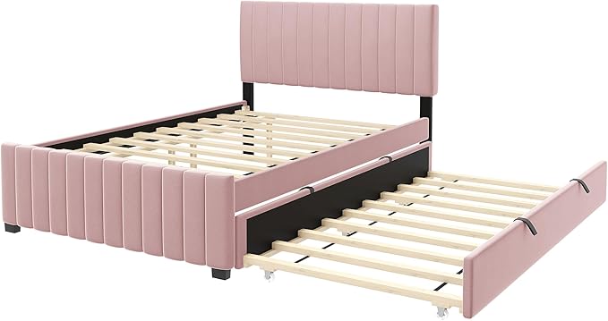 Full Bed Frame with Trundle Bed,Velvet Upholstered Platform Bed Frame,Full Size Trundle Bed with Headboard for Kids Teens Adults(Pink)